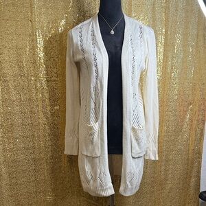 Maurices Cream Open-Front Knit Duster Cardigan with Pockets